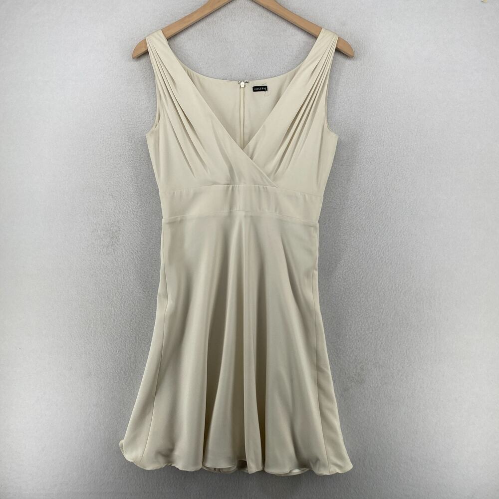 JOSEPH Dress 38 Silk Faux Wrap V-Neck Back Zip Sleeveless Lined Ylang Off White
